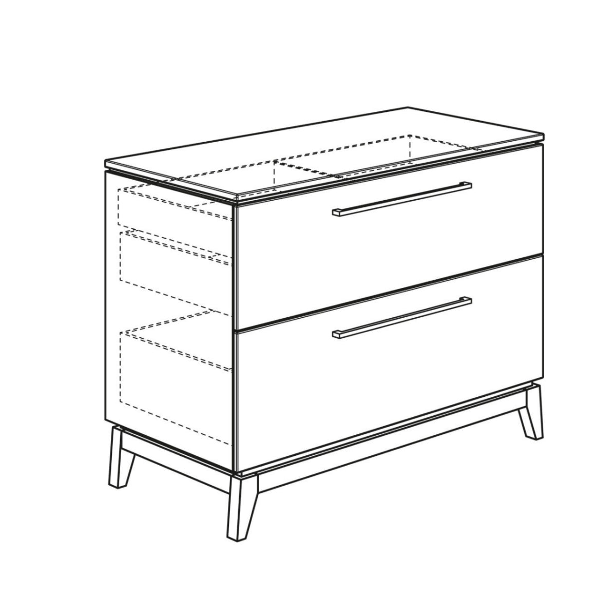 Strichzeichnung der PAIDI Babyzimmer Sten – Wickelkommode, die die langen Griffe und die schräg gestellten Eichenbeine von PAIDI zeigt.