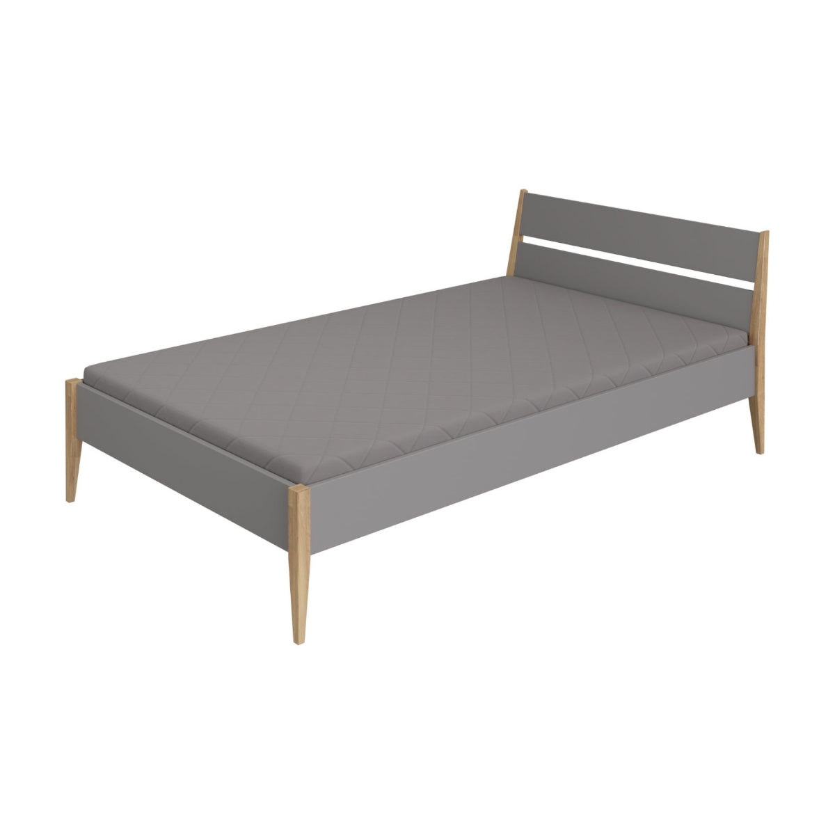 Modernes graues Bett „Sten“ von PAIDI mit gepolsterter Matratze und Beinen aus massiver Eiche vor weißem Hintergrund.