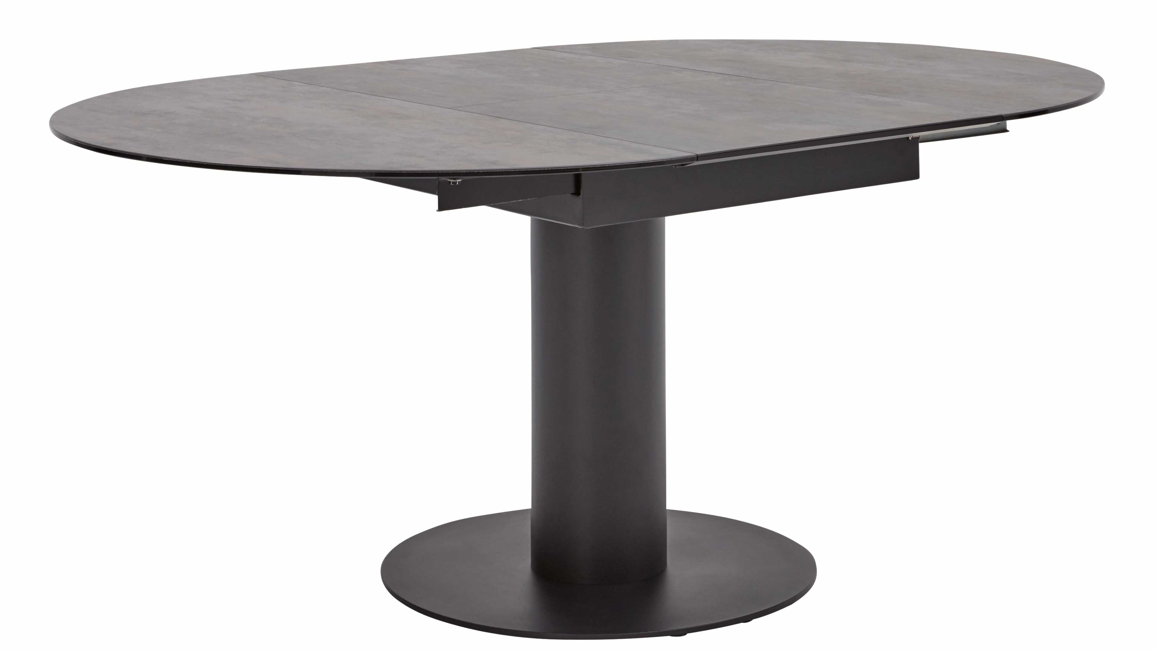 Interliving Serie 5104, Runder Esstisch mit dunkelgrauer Tischplatte im Industrial-Stil, schwarzem Metallgestell und Auszug