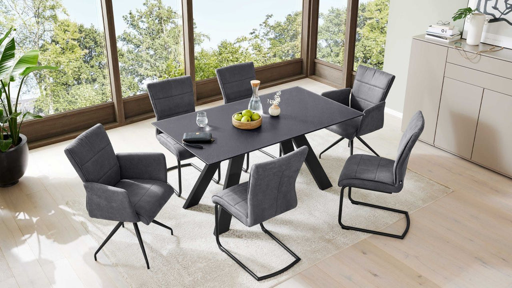Interliving Essgruppe Serie 5122, mit modernen, grauen Freischwingern und Drehstühlen in Veloursoptik