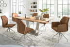 Interliving Serie 5104, Essgruppe mit drehbaren Stühlen in Braun und Esstisch mit Edelstahlgestell
