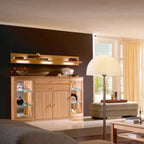Modernes Wohnzimmer mit Holzmöbeln, dem RMW Vermont Sideboard, Glasregalen und beigen Vorhängen.