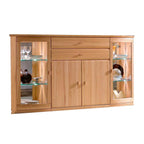 RMW Möbel Modell Vermont Sideboard von RIETBERGER MÖBELWERKE mit Glasböden, Schubladen und Vitrinenfächern.