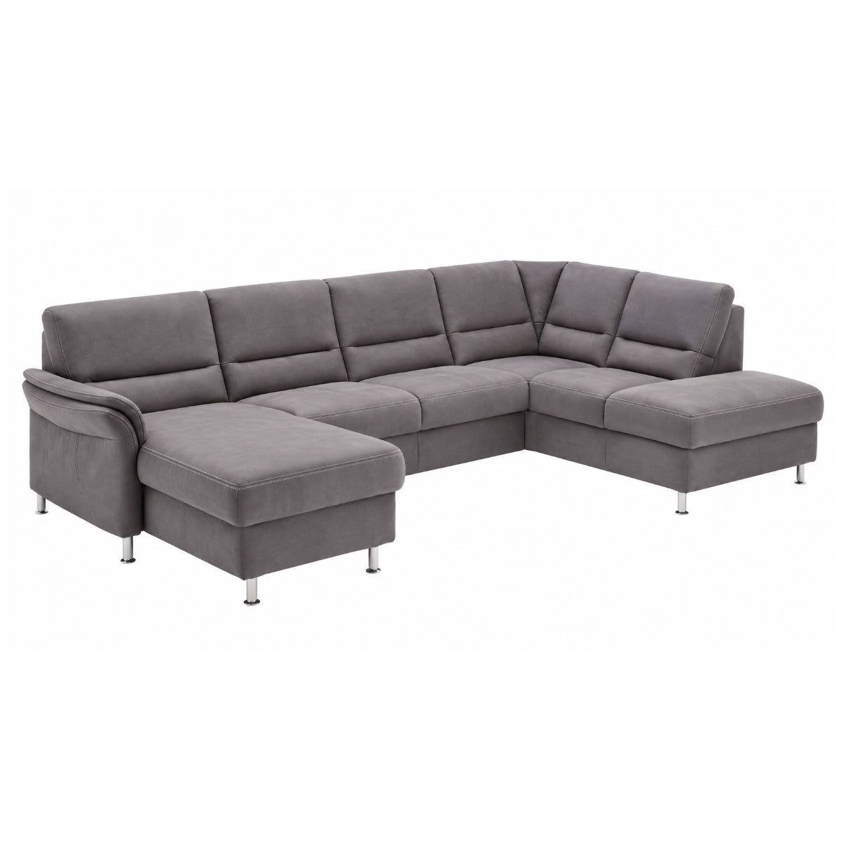 Graues Modulmaster MM-ZE1049 U-förmiges Modulsofa mit zwei Chaiselongues und aluminiumfarbenen Metallbeinen.