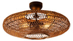 Deckenlampe mit einem runden, geflochtenen Schirm aus Naturmaterial und einer dunklen Halterung, die mehrere Lichtquellen umfasst.