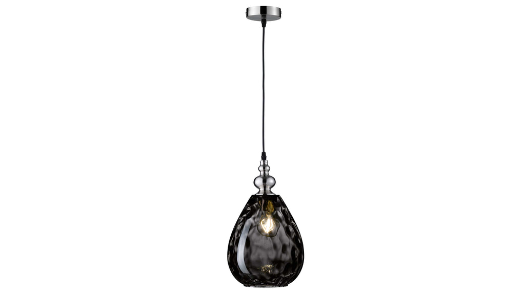 Hängende Lampe mit einer teardrop-förmigen, rauchgrauen Glaskörper und einem metallischen Baldachin in polierter Optik.