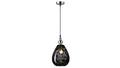 Hängende Lampe mit einer teardrop-förmigen, rauchgrauen Glaskörper und einem metallischen Baldachin in polierter Optik.