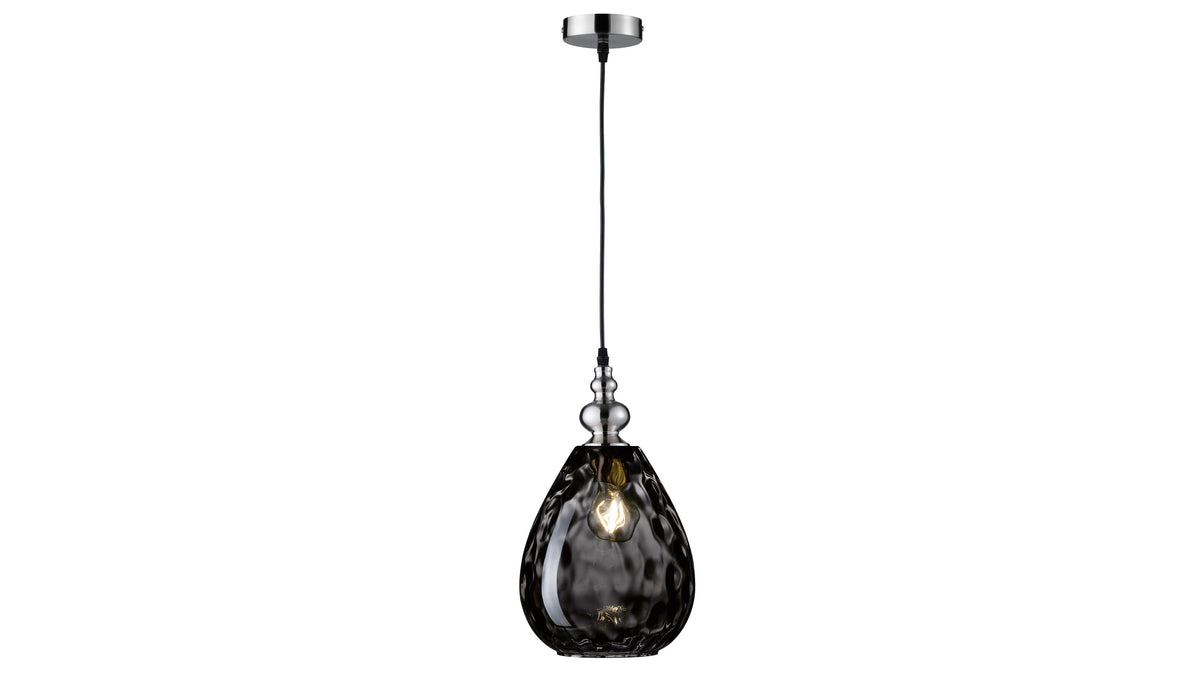 Hängende Lampe mit einer teardrop-förmigen, rauchgrauen Glaskörper und einem metallischen Baldachin in polierter Optik.