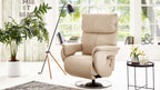 Beiges Leder, Himolla Comfortmaster 7304 – Easy-Swing-Sessel 31N, drehbarer Liegesessel mit Fußstütze.
