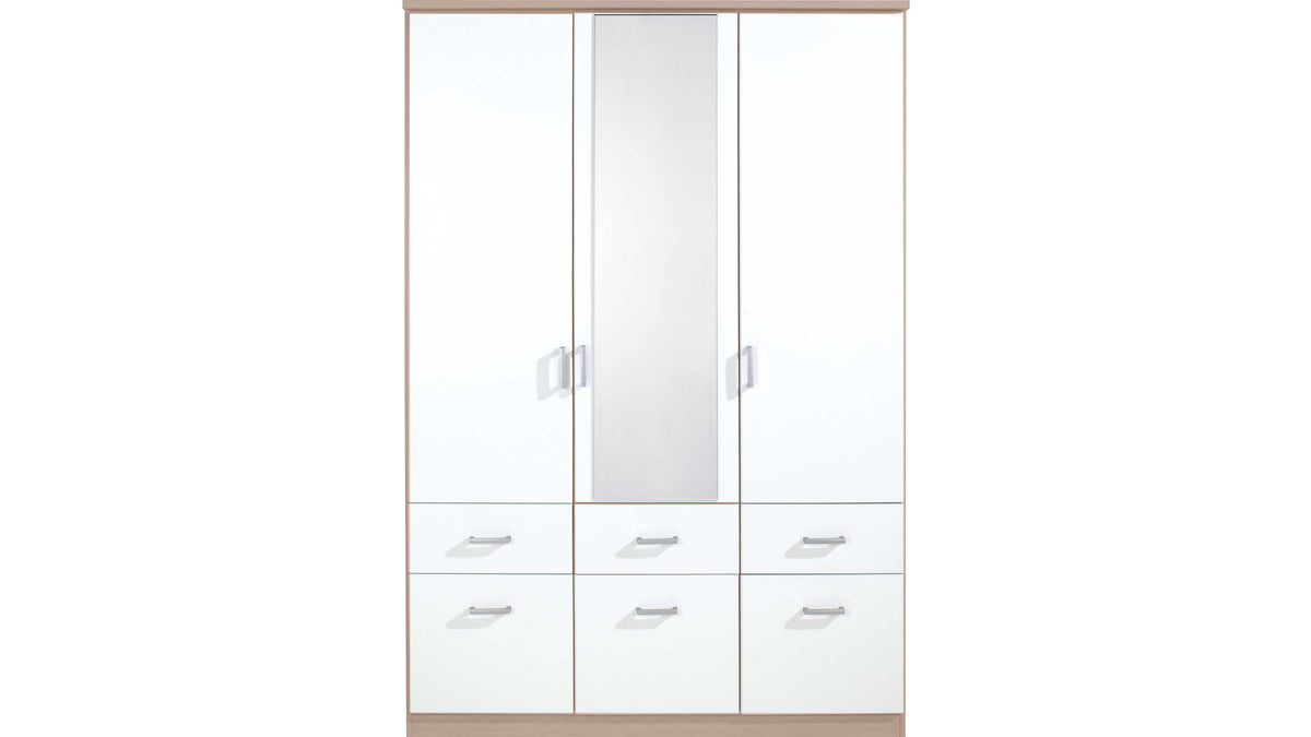 Weißer dreitüriger Kleiderschrank Rauch BLUE von Bremen mit einem Spiegel in der Mitte und sechs unteren Schubladen.