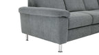 Ein graues Sofa mit einem Polster aus Strukturstoff, einem breiten Armlehnenbereich und metallischen Beinen ist abgebildet.