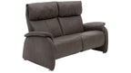 Grau gefüttertes Sofa mit zwei hohen Rückenlehnen, breiten Armlehnen und metallischen Füßen.